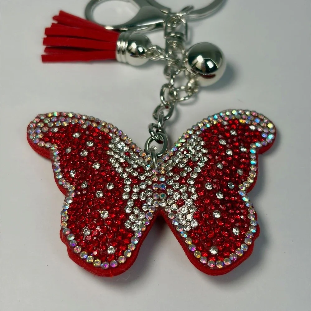 Boutique Red Crystal Butterfly Bag Charm Keychain Y2K Sparkly‎ Suede Tassel 6